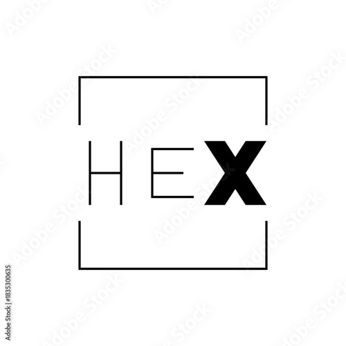Hex logo design featuring the word hex with a bold x and a partial square outline in black and white design