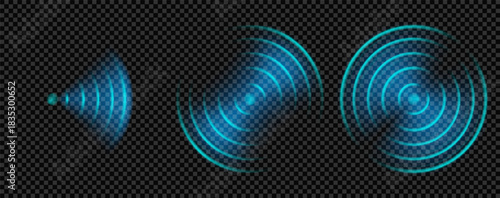 Sonar sound effect with wifi radar signal and blue light glow. Neon 3d tech ripple with circular radial echo. Technology sensor frequency for background. Abstract laser icon design for hud overlay
