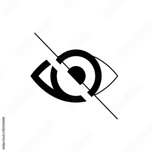 An abstract depiction of an eye with a line crossing through it in black and white minimalist style