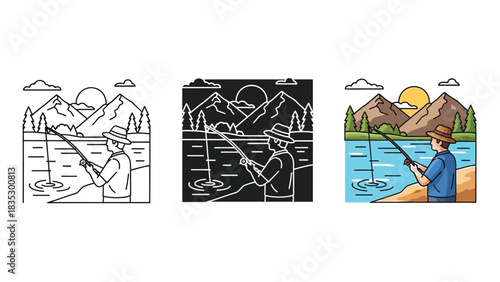 Set of three line art illustrations depicting a man fishing in a mountain lake landscape, available in outline, solid and color versions