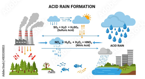 Visual representation of the causes and effects of acid rain on the environment illustration