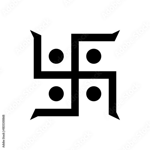 A black swastika symbol with four arms and each arm containing a black circle on a white background