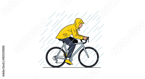 Cyclist persevering during rainfall wearing a yellow raincoat riding on a path outdoors
