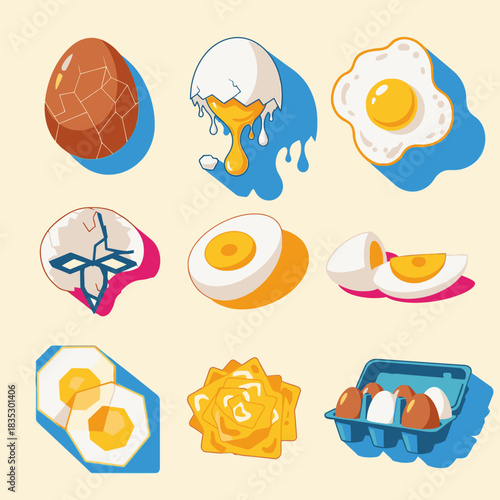 A vibrant vector illustration collection showcasing diverse egg preparations, from raw to cooked, perfect for breakfast, culinary, and food-related design projects.