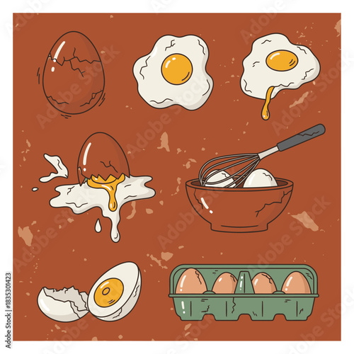 A vibrant collection of hand-drawn egg illustrations, featuring whole, cracked, fried, boiled, and whisked forms, ideal for diverse culinary and breakfast designs.