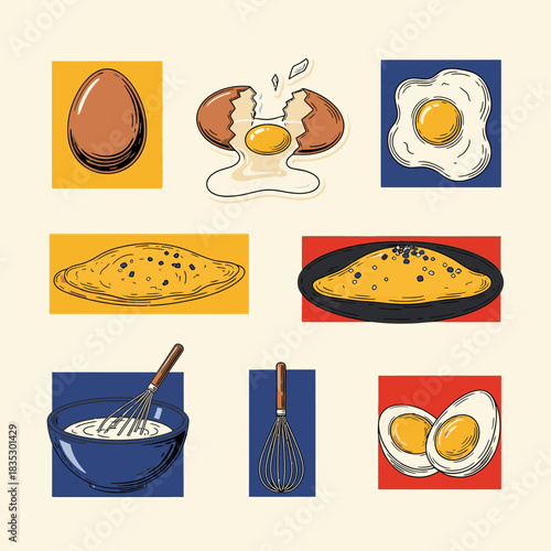 A vibrant illustration set detailing the versatility of eggs, from whole, cracked, fried, omelets, and hard-boiled, complete with cooking whisks.