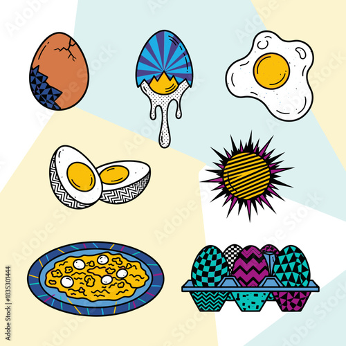 A vibrant collection of stylized egg illustrations, featuring cracked, fried, boiled, and decorative Easter eggs, ideal for culinary and festive designs.