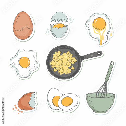 A vibrant assortment of cute, hand-drawn egg illustrations depicting various preparations like whole, cracked, fried, scrambled, and boiled, great for culinary projects.