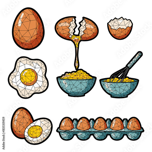 A dynamic polygonal illustration set features eggs in every culinary stage, from whole and cracked to fried, boiled, and whisked, perfect for cooking and recipe designs.