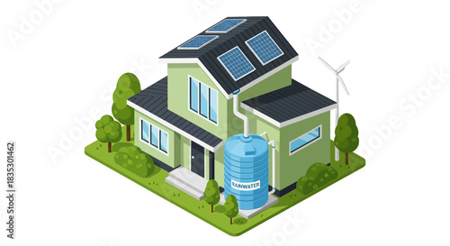 Sustainable home concept showcasing renewable energy sources and water conservation methods