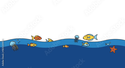 Oceanic panorama teeming with marine life and cartoonish fish beneath the serene waves of the sea