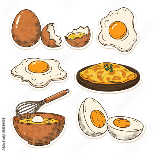 A delightful collection of hand-drawn egg illustrations showcasing various preparations like whole, cracked, fried, scrambled, and boiled, perfect for culinary designs.