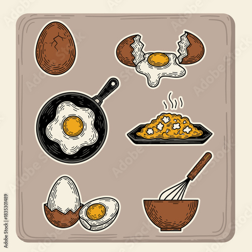 A hand-drawn vintage illustration collection showing eggs in whole, cracked, fried, and scrambled forms, along with kitchen preparation utensils.