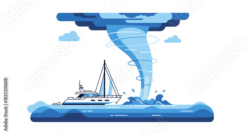 Vivid illustration of a sailboat facing a powerful tornado in the ocean creating a dynamic sea scene