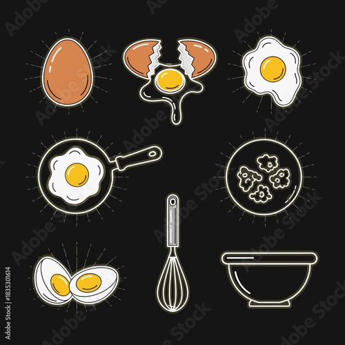 A vibrant collection of stylized egg illustrations, depicting various preparations and cooking tools, ideal for food and breakfast concepts.