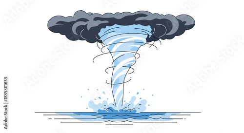 Stylized swirling tornado touching water surface with dark ominous storm clouds above drawing