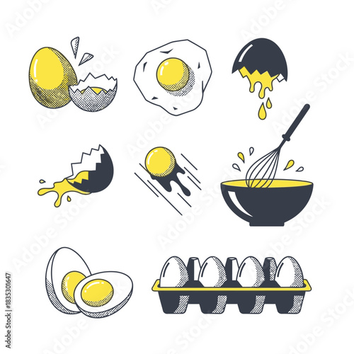 A charming collection of hand-drawn egg illustrations, featuring whole, cracked, fried, boiled, and whisked forms, ideal for culinary and breakfast graphic designs.