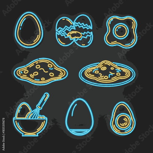 A vibrant graphic illustration showcases a diverse collection of neon-outlined egg preparations, from whole to scrambled and fried, on a dark background.