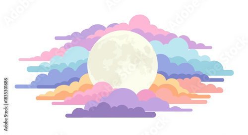 Dreamy pastel landscape with ethereal moon, vibrant clouds and imaginative scene