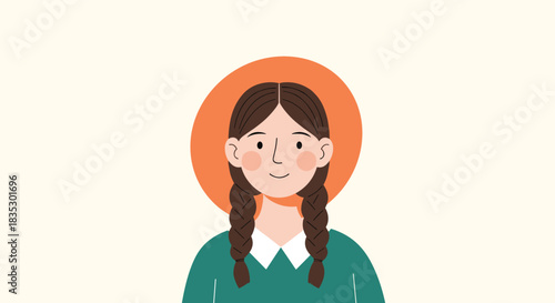 A charming and simple illustration of a smiling girl with brown pigtails and rosy cheeks set against a soft orange circle.