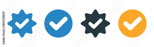 Blue Tick Verified Social Media Account Icon Set. Approved Profile Sign in Black Gold and Blue Tick Inside Circle and Rounded Corner Star Shape Vector Illustration