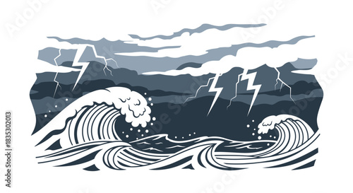 Stylized illustration of a tempestuous sea with crashing waves and lightning storm showcasing