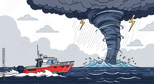 Cartoon illustration showcasing a powerful waterspout near a small boat in a stylized sea