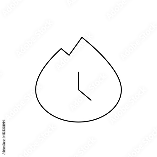 A stylized clock with a jagged top and hands indicating the time is displayed in a simple drawing
