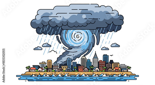 Cartoon Illustration Showing a Hurricane Approaching a Coastal City with Strong Winds and Heavy