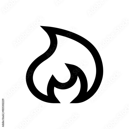 A simple black outline of a stylized flame with a teardrop shaped top and two bottom peaks showing