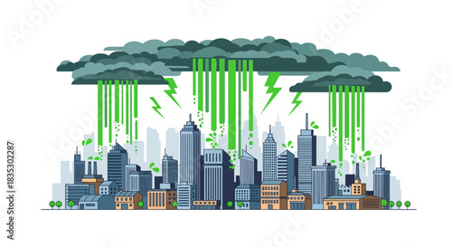Stylized cityscape with green rain and lightning illustrating environmental transformation and