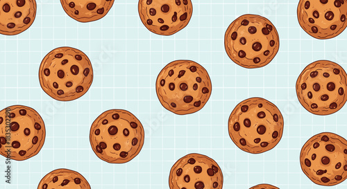 A tasty-looking seamless pattern of classic chocolate chip cookies scattered across a light blue grid paper style background.