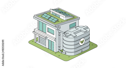 Isometric eco-friendly house with solar panels and rainwater harvesting system illustrating