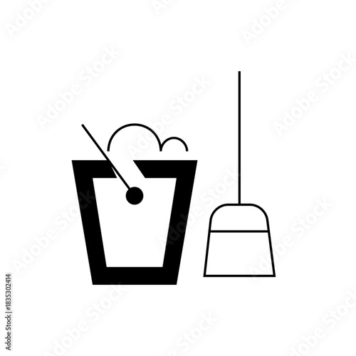 Illustration of a cleaning bucket with soap and a mop standing next to it, all in a simple design