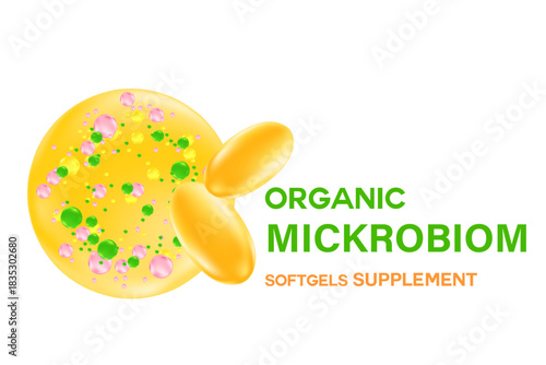 Scientific 3D organic microbiome supplement pill or capsule icon isolated. Elegant glowing microbiota liquid molecule or cell. Healthy stomach, intestines, digestive system nutrition supplements.