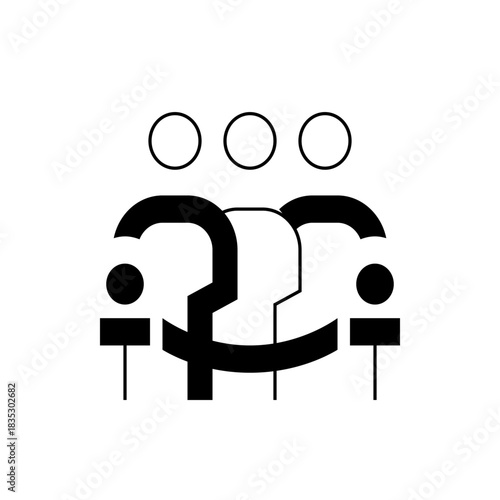 Abstract representation of three figures with circular heads and connected upper bodies in black and white