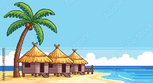 A peaceful tropical beach scene in pixel art style with straw huts a palm tree and the ocean under a clear blue sky.