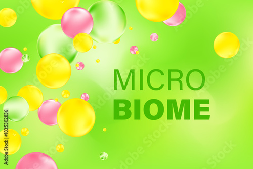 Elegant glowing microbiota liquid molecules or cell, scattered round shapes, organic microbiome background with copy space. Healthy stomach, intestines, digestive system nutrition supplements.