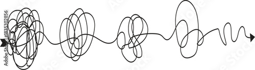 Chaotic Line Path Transforming into Clear Direction — Problem Solving, Mental Journey, Overthinking to Clarity, Motivation and Psychological Process Concept Illustration