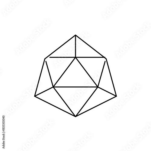 Illustration of an icosahedron shape with triangular faces and black outline on a white background