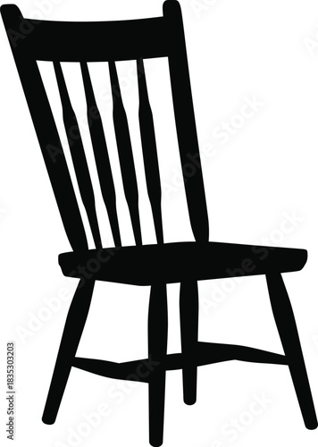 A simple black silhouette of a wooden windsor style chair on a white background