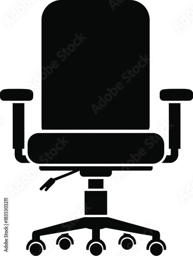 Simple black silhouette of an office chair with wheels and armrests on a white background