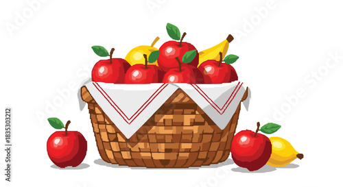 A vibrant pixel art illustration of a rustic wicker basket overflowing with fresh red apples lemons and a banana for a healthy harvest.