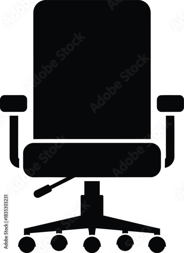 Simple black silhouette icon of an office chair with wheels and armrests on a white background