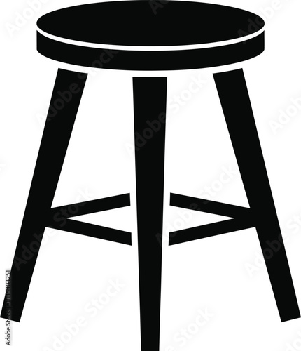 Simple black silhouette of a round wooden stool with three legs and crossbars on a white background