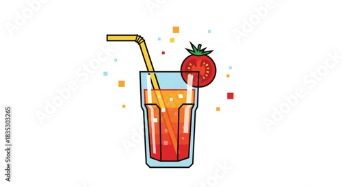 A refreshing pixel art illustration of a glass of tomato juice with a yellow straw and a whole tomato as a garnish.
