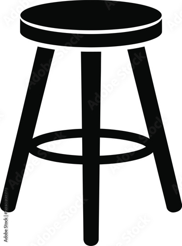 Simple black silhouette of a round wooden stool with three legs and a footrest on a white background