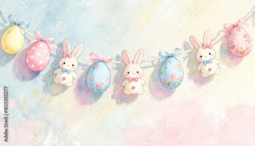 Colorful Easter eggs with bunnies, festive and playful spring scene, perfect for Easter, holiday, seasonal, family, and lifestyle photography, illustration, or decorative projects.
