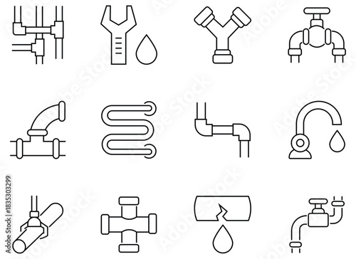 Set of commercial plumbing icons. Contains as  pipe maintenance, pipe wrench, faucet, tools, electrician, maintenance, pipeline, sink, pipe, drainage and more. Outline vector icon in linear style.