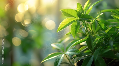 Close up of vibrant green leaves with soft golden sunlight and bokeh background